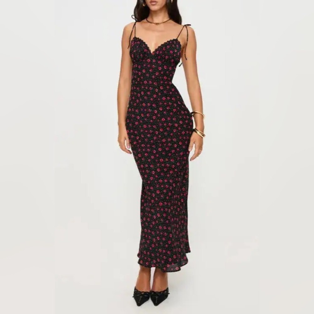 Princess Polly Black Floral Polka Dot Lace Trim Midi Dress Rose Print Tie Strap